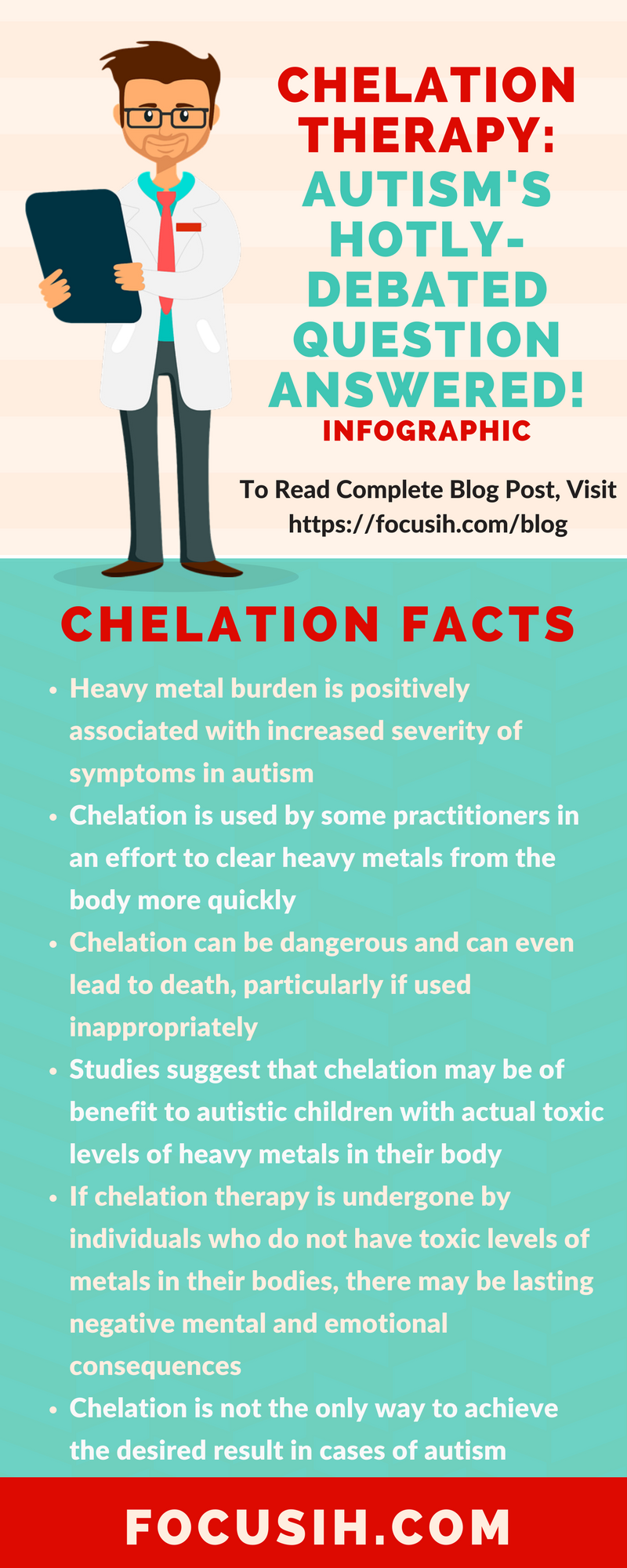 Infographic containing the main points of the article, "Chelation: Autism's Hotly-Debated Question Answered created by Dr. Janelle Louis, naturopathic doctor and functional medicine practitioner at Focus Integrative Healthcare